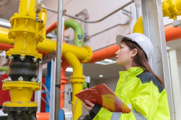 Asiatischer Ingenieur mit Brille, der im Heizraum arbeitet und die technischen Daten der Heizungsanlagen überprüft