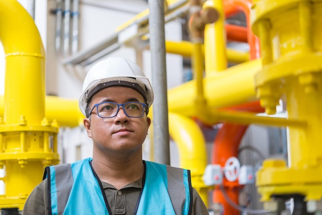 Asiatischer Ingenieur mit Brille, der im Heizraum arbeitet und die technischen Daten der Heizungsanlagen überprüft