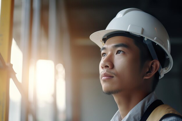 Asiatischer Ingenieur mit Helm, der im Bau arbeitet