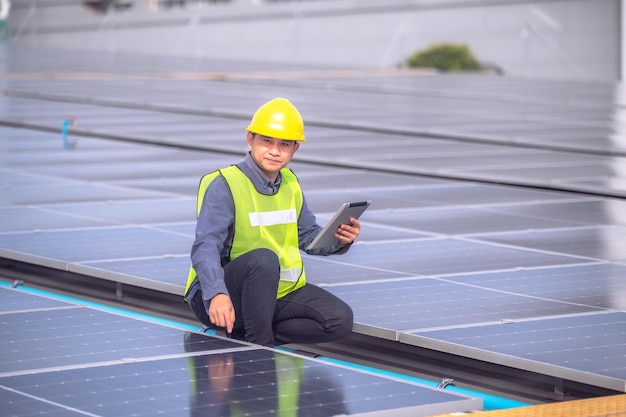 Asiatischer Ingenieur überprüft die Energie von Solarzellen auf dem Dach der Fabrik Asiatische Arbeiter arbeiten daran, ein Solarzellensystem für die Nutzung sauberer Solarenergie zu installieren