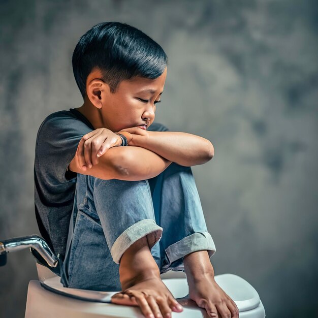 Asiatischer Junge sitzt auf Toilettenschüssel und hält Seidenpapier in der Hand. Gesundheitsproblemkonzept