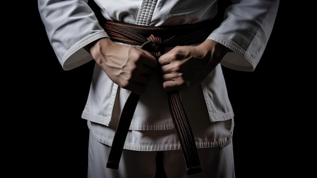 Asiatischer Karate-Mann mit schwarzem Gürtel steht auf schwarzem Hintergrund isoliert Taekwondo Generative Ai