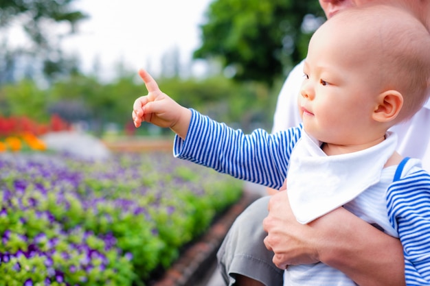 Asiatischer kleiner Kleinkindjunge betrachtet und zeigt Finger auf Park im Frühjahr. Bringen Sie das Halten seines Babysohns hervor, der das Besichtigen des schönen Blumengartens genießt