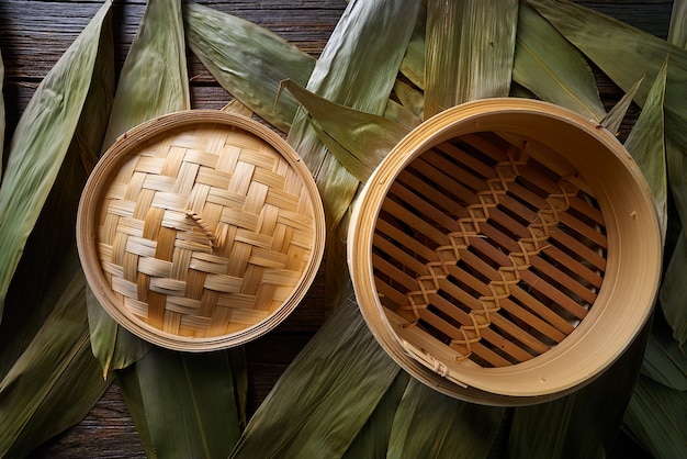 Foto asiatischer küchenbambusdampfer für das dampfkochen
