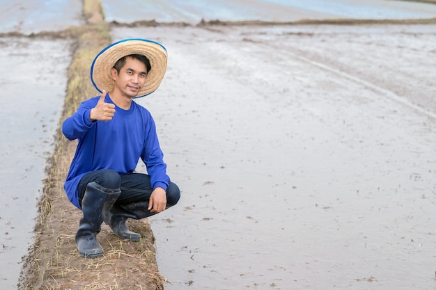 Asiatischer Landwirtmann tragen blaues T-Shirt sitzend und Daumen hoch an Reisfarm