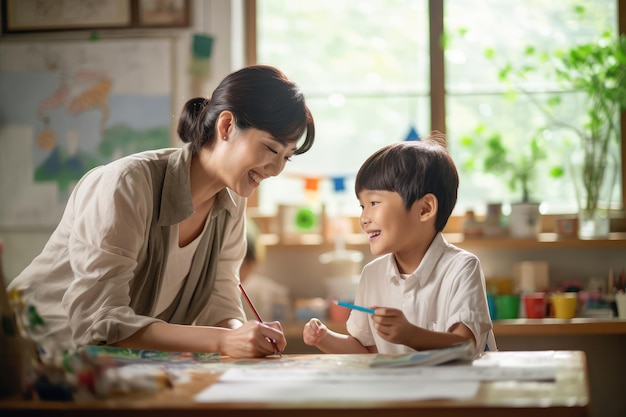 Asiatischer Lehrer und kleiner Junge zeichnen gemeinsam im Kunstunterricht in der asiatischen Schule