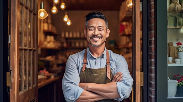 Asiatischer männlicher Kleinunternehmer lächelt mit verschränkten Armen an der Haustür Generative KI