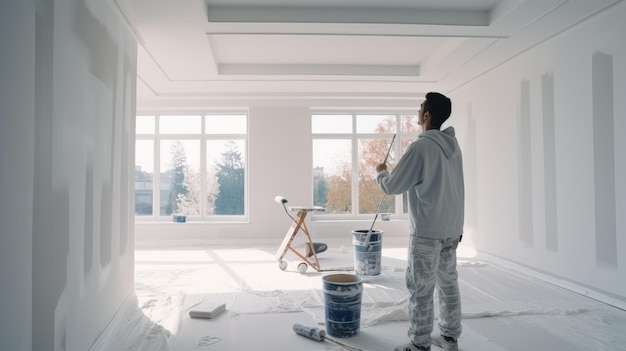 Asiatischer Maler malt eine Wand mit einem Farbroller und streicht die Wände im Haus neu