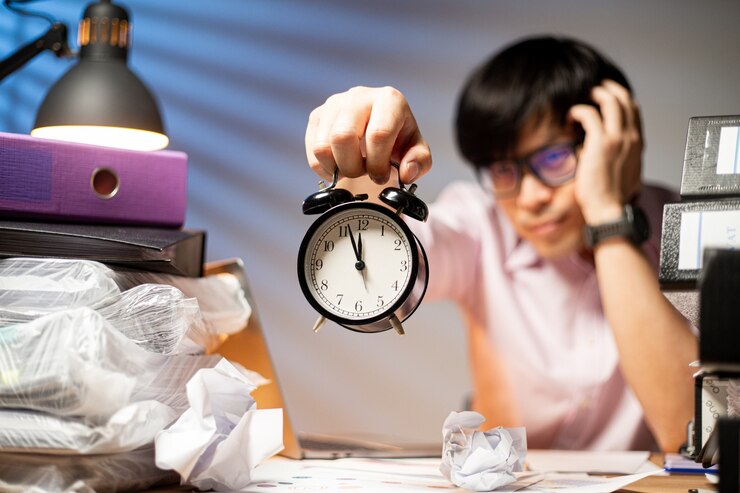 Asiatischer Manager mah, der Wecker für Showüberstundenarbeit im Büro hält. Konzentrierter Lebensstil deprimierte Überstunden. Arbeitsplatz-Nachtprojekt. Depression beschäftigt.