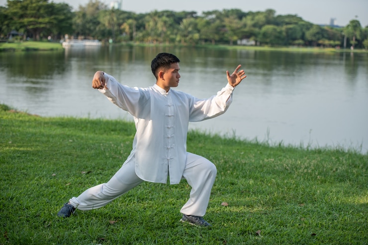 Foto asiatischer mann, der morgens mit tai chi am park, chinesische kampfkünste, gesunde sorgfalt für lebenkonzept ausarbeitet.