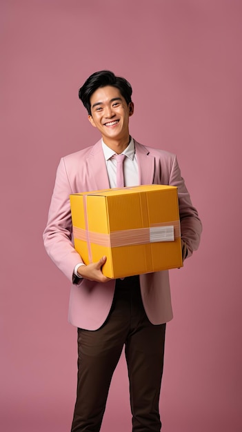 Asiatischer Mann hält eine Kiste