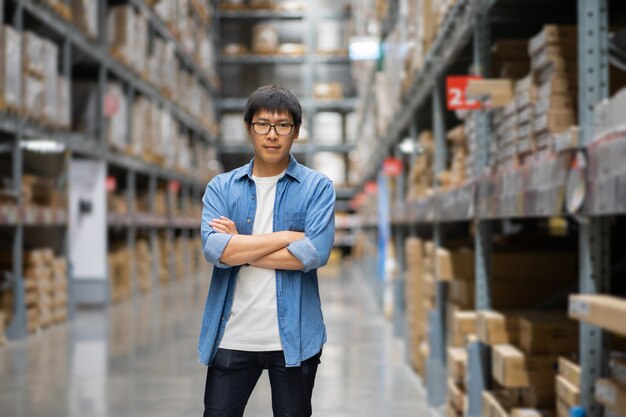 Asiatischer Mann im Lagerhaus