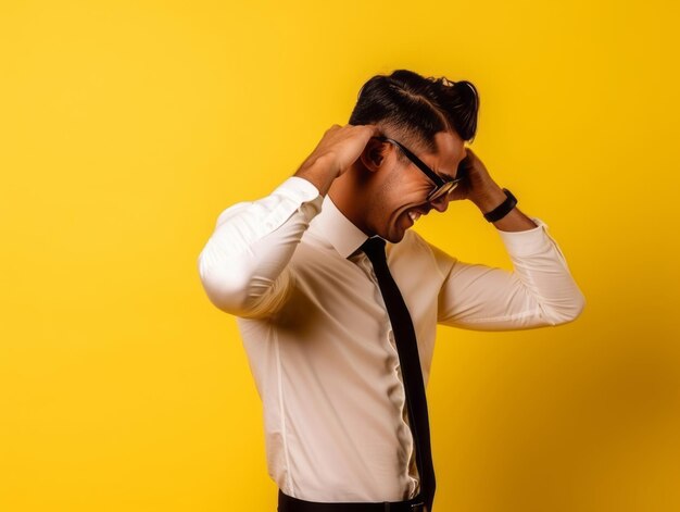 Foto asiatischer mann in spielerischer pose auf festem hintergrund