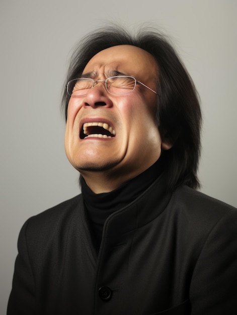 Asiatischer Mann mit Schmerzen auf neutralem Hintergrund