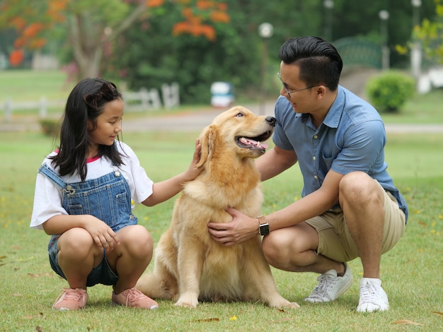 Asiatischer Mann und Mädchen mit Hunde golden retriever im Park