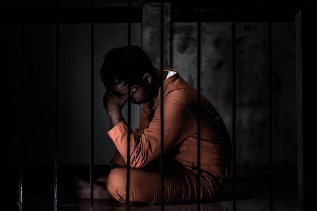 Asiatischer Mann verzweifelt am Konzept der eisernen GefängnisgefangenenThailänderHoffnung, frei zu seinErnste Gefangene im Gefängnis eingesperrt