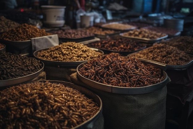 Asiatischer Markt mit Insekten zum Verkauf Insektenfutter Generative KI