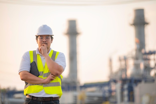 Asiatischer Petrochemie-Ingenieur, der in der Fabrik der Öl- und Gasraffinerie arbeitet