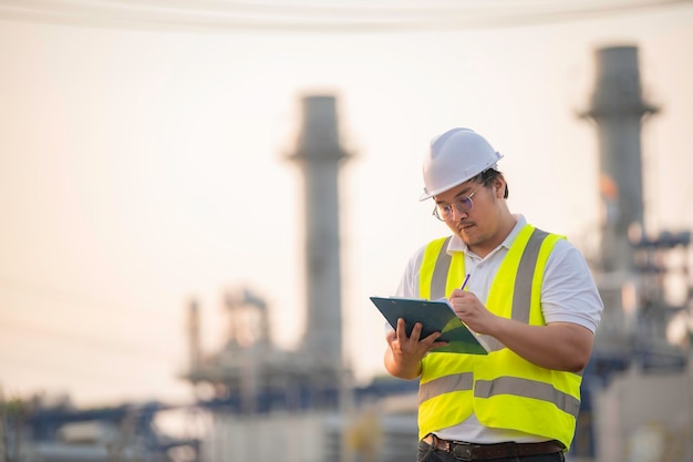 Asiatischer Petrochemie-Ingenieur, der in der Fabrik der Öl- und Gasraffinerie arbeitet