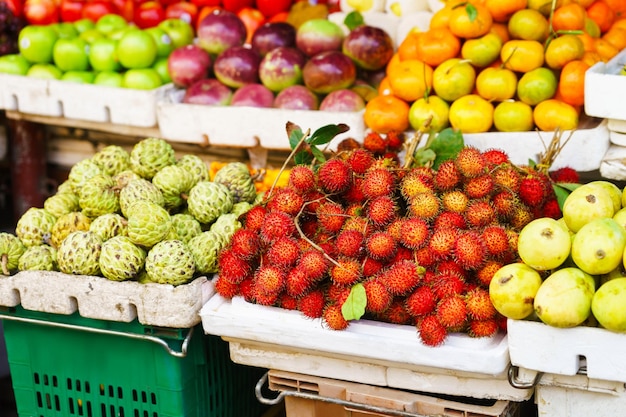 Asiatischer Straßenbauernmarkt, der frisches Obst und Beeren in Hoi An, Vietnam verkauft. Passionsfrucht, Litschi, Cherimoya, Mango und andere. Rote, orange und grüne Farben.