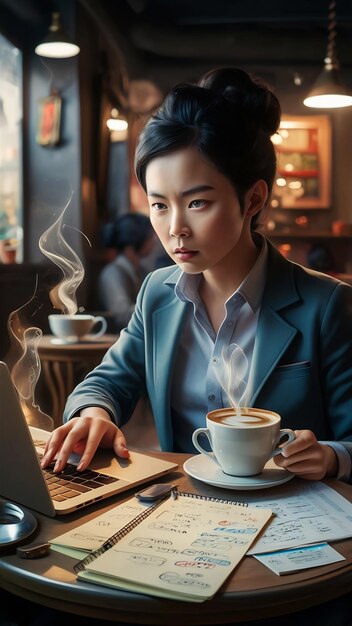 Asiatischer Unternehmer denkt über ein Projekt im Café nach