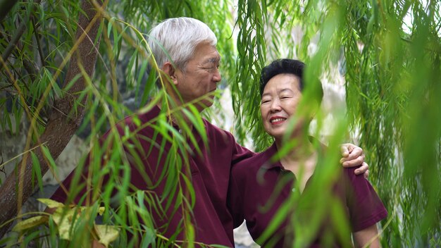 Asiatisches älteres Paar, das glücklich unter grünen Weiden gesprochen hat.