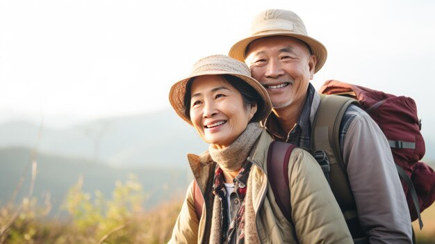 Asiatisches älteres Paar lächelt glücklich und reist zusammen