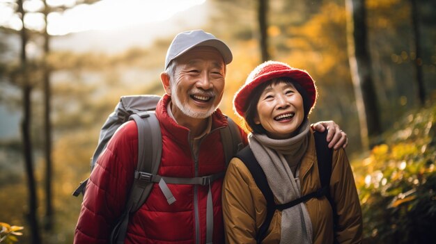 Asiatisches älteres Paar lächelt glücklich und reist zusammen