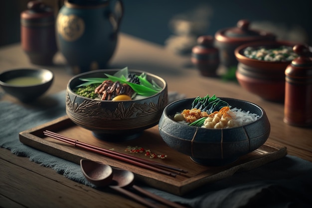 Asiatisches Essen Originalrezepte japanische Küche Traditionsgerichte Asiatische Küche mit frisch servierten traditionellen Donburi mit Meeresfrüchten und Essstäbchen