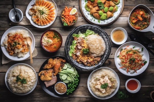 Asiatisches Essen serviert in Draufsicht auf einem weißen Holztisch Kombination aus vietnamesischen und chinesischen Speisen