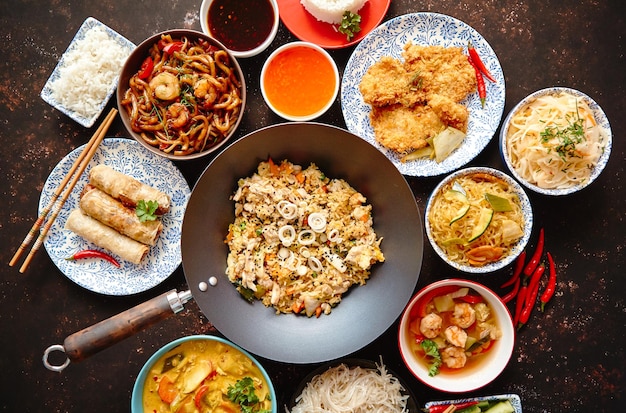 Asiatisches Essen Set Nudeln gebratener Reis mit Hühner Tom Yum Suppe Frühlingsrollen gebratener Fisch und Udon mit Garnelen Top-View auf dunklem rustikalen Hintergrund Oriental-Stil Essen Konzept Zusammensetzung