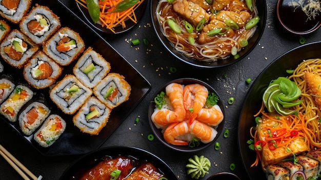 Foto asiatisches essen sushi-rollen garnelen und meeresfrüchte essen liegt auf dem tisch view studio-fotografie