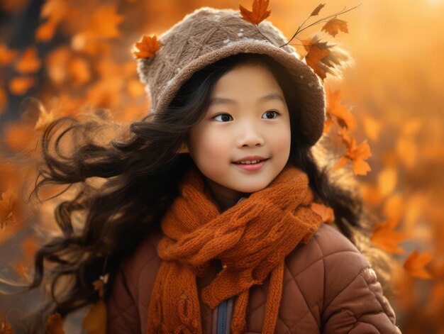 Asiatisches Kind in einer emotionalen, dynamischen Pose auf einem Herbst-Hintergrund