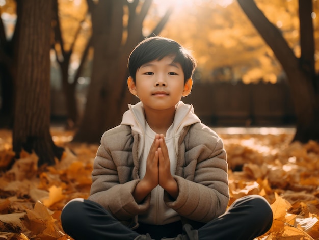 Asiatisches Kind in einer emotionalen, dynamischen Pose auf einem Herbst-Hintergrund