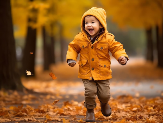 Asiatisches Kind in emotionaler dynamischer Pose auf herbstlichem Hintergrund