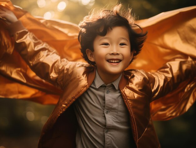 Asiatisches Kind in emotionaler dynamischer Pose auf herbstlichem Hintergrund