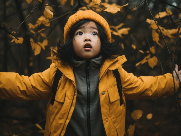 Asiatisches Kind in emotionaler dynamischer Pose auf herbstlichem Hintergrund