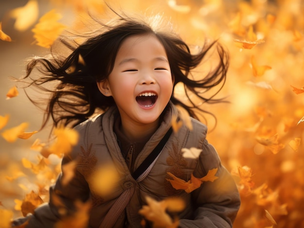 Asiatisches Kind in emotionaler dynamischer Pose auf herbstlichem Hintergrund