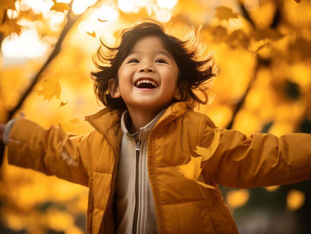 Asiatisches Kind in emotionaler dynamischer Pose auf herbstlichem Hintergrund