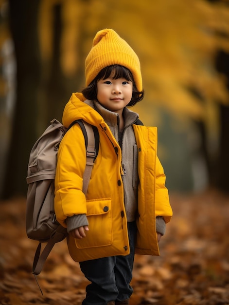 Asiatisches Kind in emotionaler dynamischer Pose auf herbstlichem Hintergrund