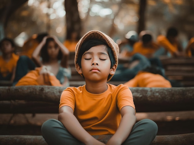Asiatisches Kind in emotionaler dynamischer Pose in der Schule