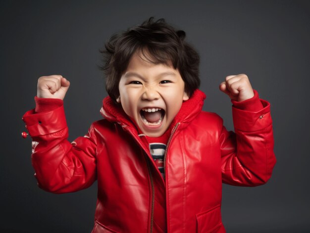 Asiatisches Kind in emotionaler dynamischer Pose in der Schule