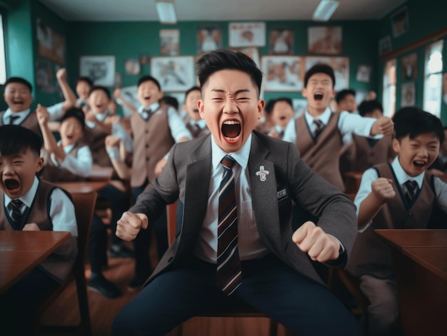 Asiatisches Kind in emotionaler dynamischer Pose in der Schule