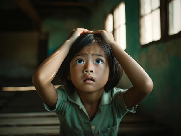 Asiatisches Kind in emotionaler dynamischer Pose in der Schule