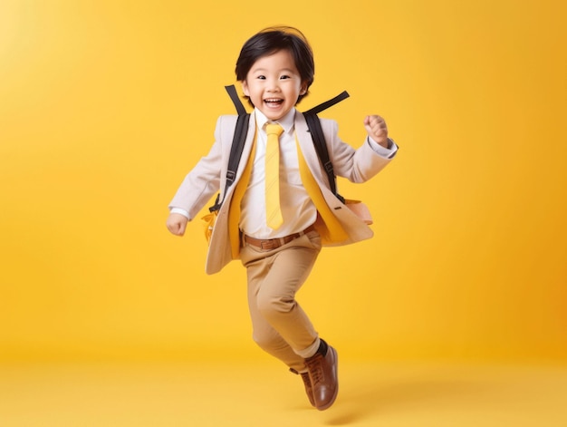 Asiatisches Kind in emotionaler dynamischer Pose in der Schule