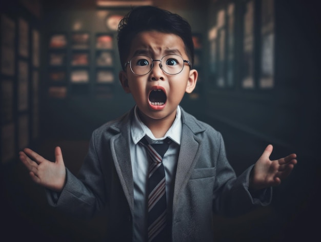 Asiatisches Kind in emotionaler dynamischer Pose in der Schule