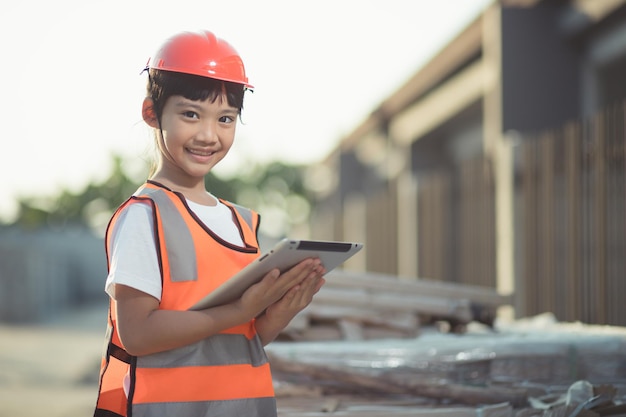 Asiatisches kleines Mädchen mit Schutzhelm auf dem Kopf und Tablet in der Hand auf einer Baustelle