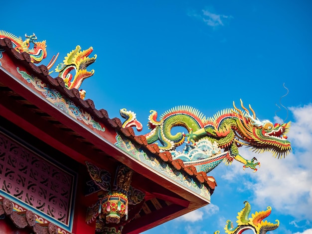 Asiatisches Kulturkonzept Dach mit schöner Dekoration des berühmten Wahrzeichens des traditionellen alten orientalischen taiwanesischen Tempels