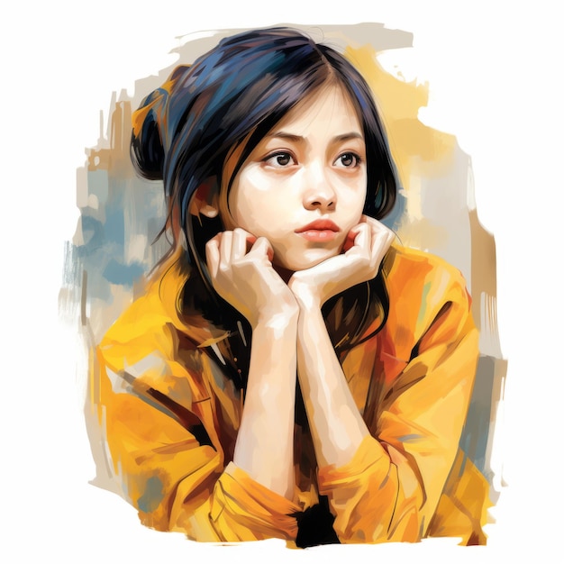 Asiatisches Mädchen im Denken und Zweifel, ölgemalte Illustration. Junge Frau mit verträumtem Gesicht auf abstraktem Hintergrund. Ai erzeugte ein hell gezeichnetes, farbenfrohes Acrylplakat