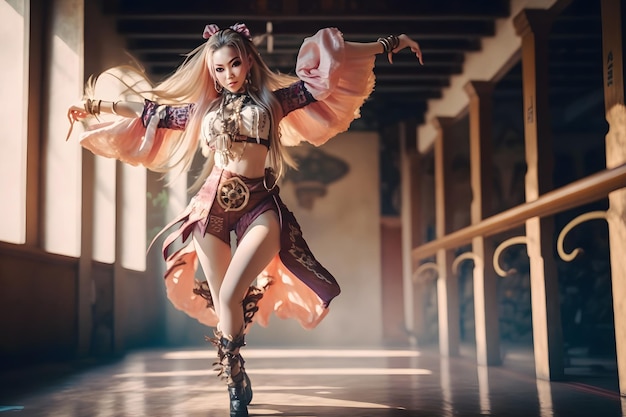 Asiatisches Mädchen in einem wunderschönen Kostüm tanzt Kpop. Neuronales Netzwerk, KI generiert
